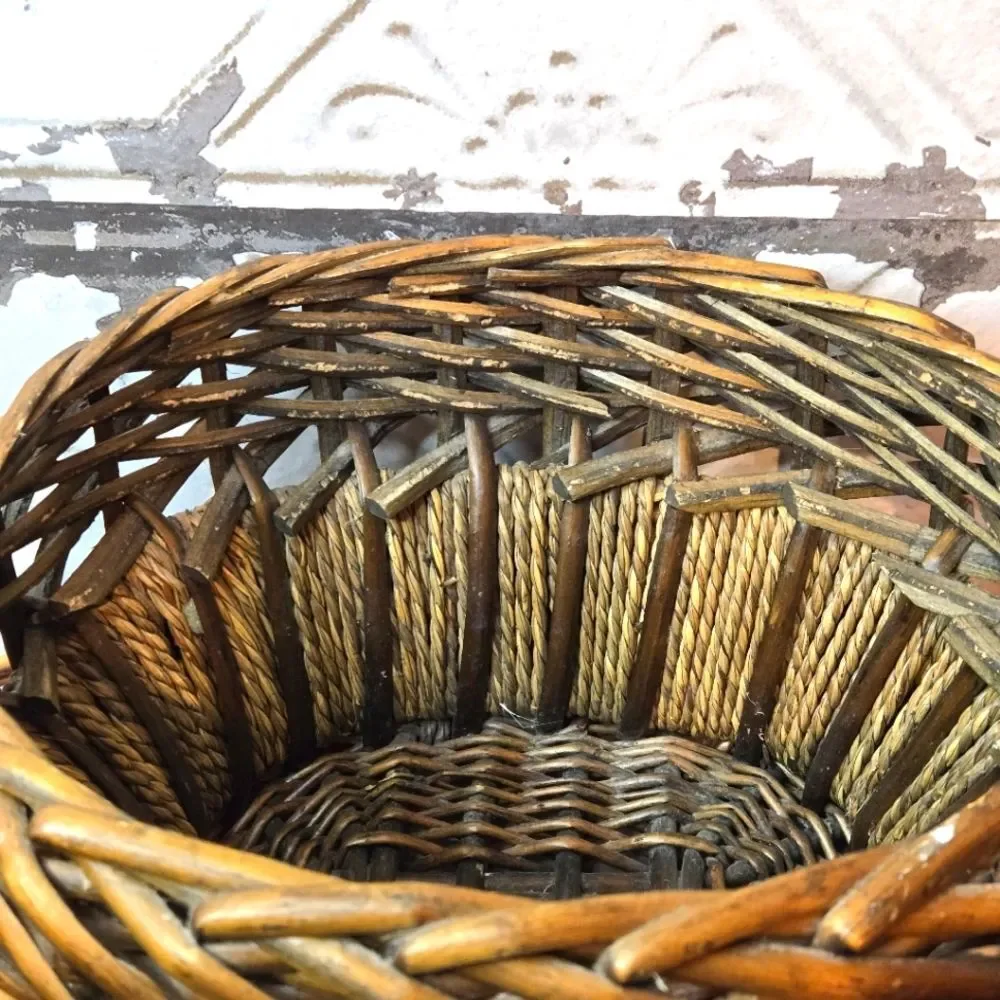 Vintage Oval Hand Woven Basket Natural Bamboo & Rope Storage Basket Rustic